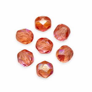 Czech glass faceted round beads 25pc peach coral with AB 6mm-Orange Grove Beads