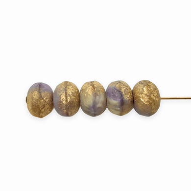 Czech glass acid etched rondelle beads 12pc purple cream gold 9x6mm-Orange Grove Beads