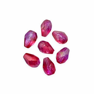 Czech glass faceted pear teardrop beads 20pc fuchsia pink AB 10x7mm-Orange Grove Beads
