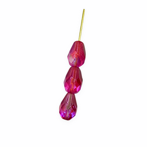 Czech glass faceted pear teardrop beads 20pc fuchsia pink AB 10x7mm