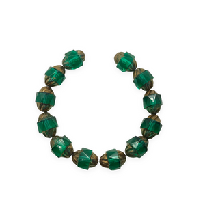 Czech glass faceted twisted turbine beads 12pc emerald green bronze 10x8mm-Orange Grove Beads