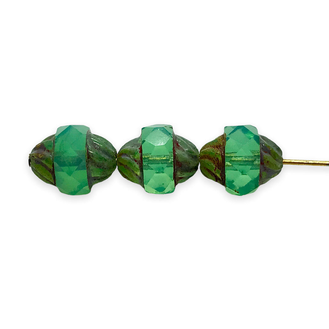 Czech glass faceted turbine beads 10pc green opaline picasso UV 11x10mm