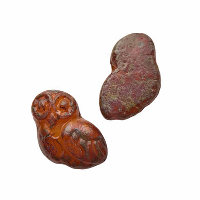 Czech glass owl shaped beads 2pc orange with red brown picasso-Orange Grove Beads