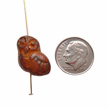 Load image into Gallery viewer, Czech glass owl shaped beads 4pc orange with red brown picasso
