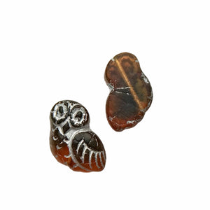 Czech glass Halloween owl shaped beads 2pc brown with silver inlay-Orange Grove Beads