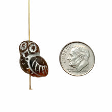 Load image into Gallery viewer, Czech glass Halloween owl shaped beads 4pc brown with silver inlay
