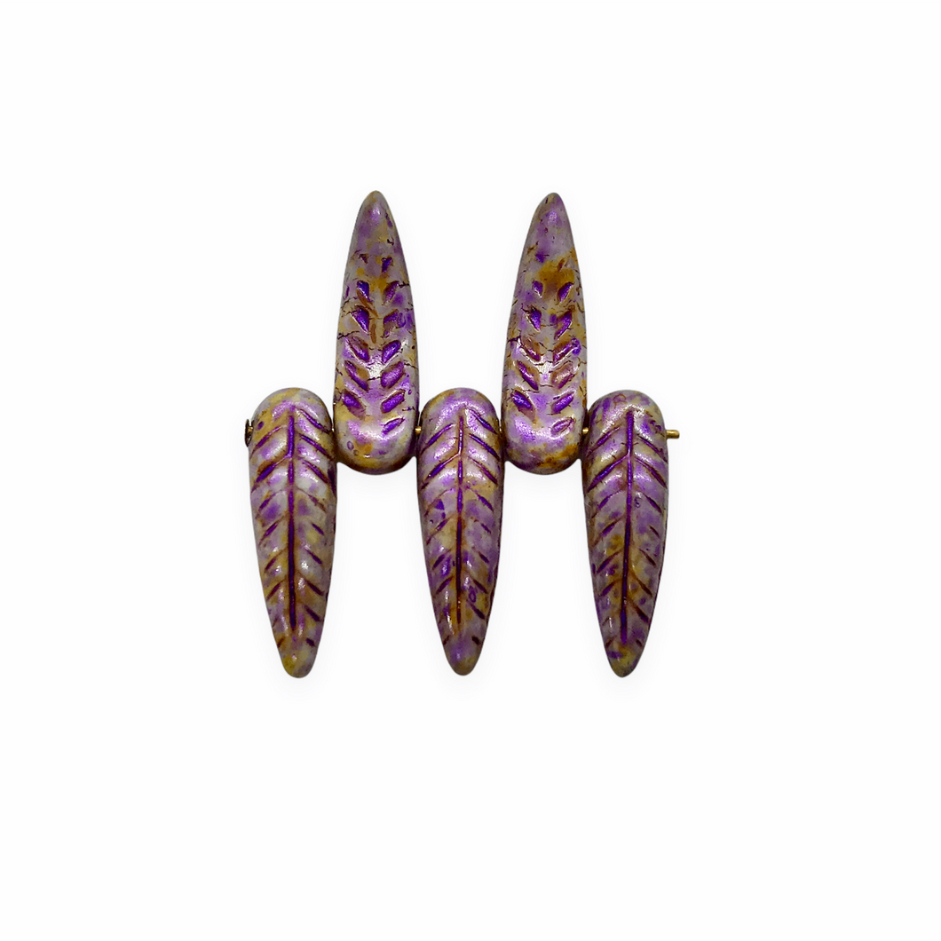 Czech glass bird feather drop beads charms 20pc purple brown picasso 17x5mm-Orange Grove Beads