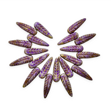 Load image into Gallery viewer, Czech glass bird feather drop beads 20pc purple picasso 17x5mm
