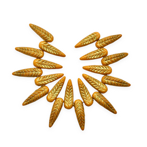 Czech glass bird feather drop beads 20pc orange gold 17x5mm