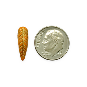 Czech glass bird feather drop beads 20pc orange gold 17x5mm