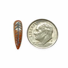 Load image into Gallery viewer, Czech glass bird feather drop beads charms 20pc golden apricot luster blue inlay 17x5mm
