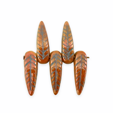 Czech glass bird feather drop beads charms 20pc golden apricot luster blue inlay 17x5mm-Orange Grove Beads