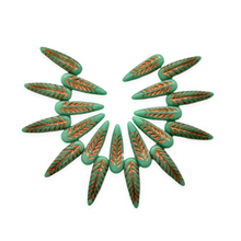 Load image into Gallery viewer, Czech glass bird feather drop beads charms 20pc turquoise copper 17x5mm
