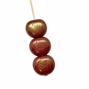 Czech glass flat cherry apple fruit beads 12pc red gold bronze luster 12x11mm