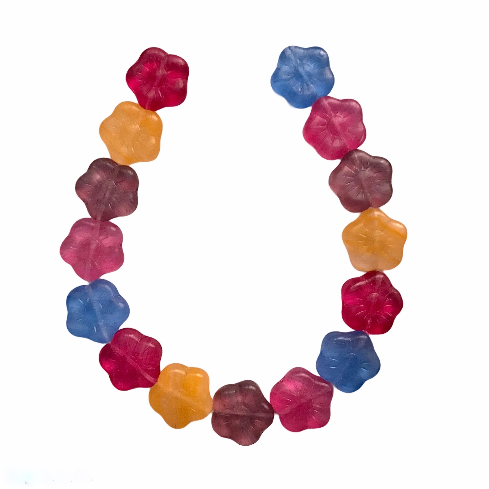 Czech glass flower beads mix 15pc pink blue yellow & purple 15mm