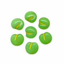 Load image into Gallery viewer, Czech glass flat apple fruit beads charms 12pc milky green yellow 12x11mm UV glow-Orange Grove Beads
