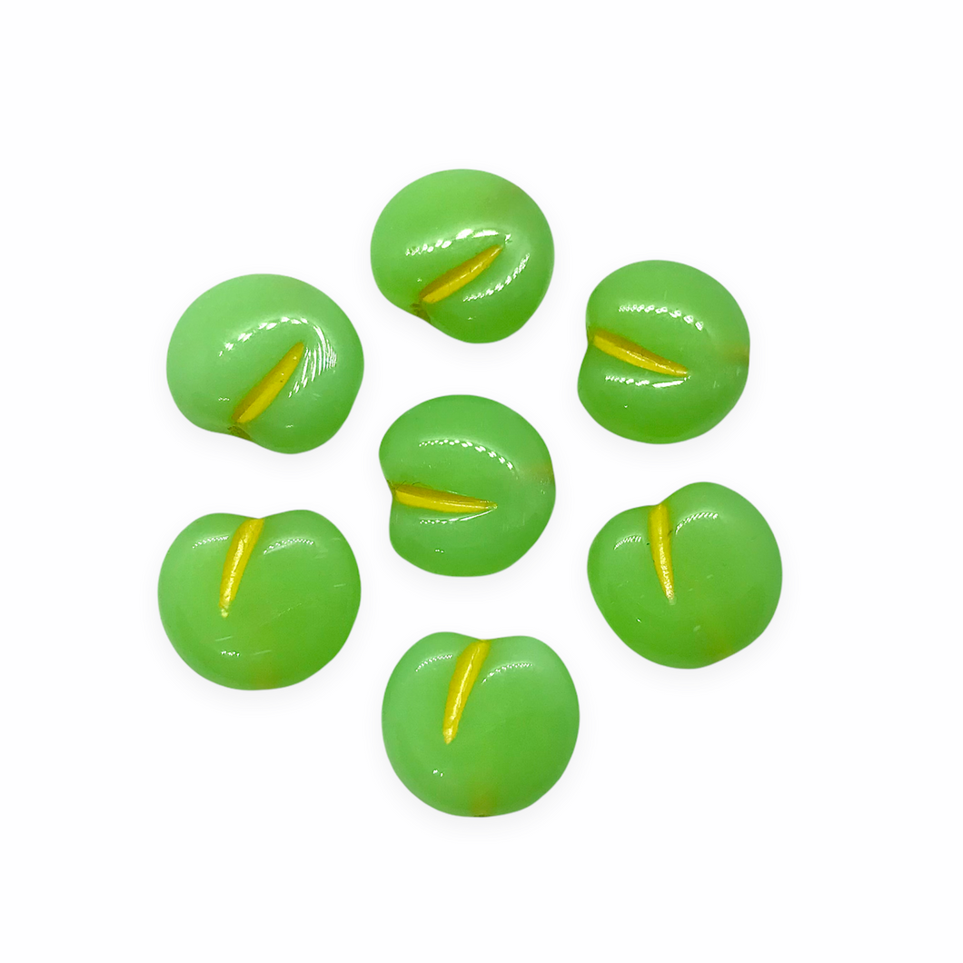 Czech glass flat apple fruit beads charms 12pc milky green yellow 12x11mm UV glow-Orange Grove Beads