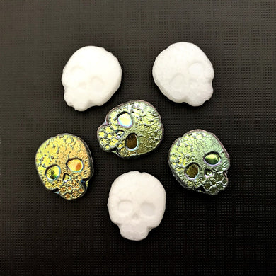 Czech glass etched flat skull beads 8pc white vitrail 18x15mm-Orange Grove Beads