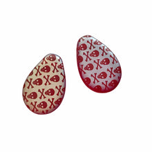Load image into Gallery viewer, Czech glass teardrop etched skull crossbones beads 4pc matte red AB 18x12mm-Orange Grove Beads
