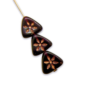 Czech glass flat triangle flower beads 20pc dark purple with copper 10mm