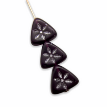 Load image into Gallery viewer, Czech glass triangle beads with flower 20pc dark purple with silver 10mm
