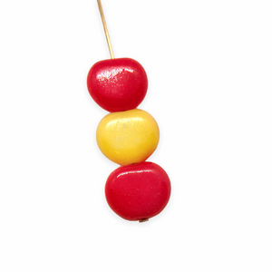 Czech glass flat apple fruit beads 12pc bi-color yellow red 12x11mm