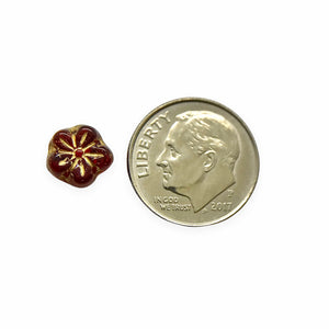 Czech glass daisy flower beads 20pc translucent red gold inlay 8mm