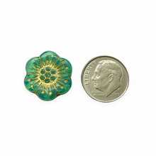 Load image into Gallery viewer, Czech glass large daisy flower beads 4pc sea green opaline 18mm UV reactive

