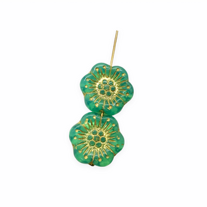 Czech glass large daisy flower beads 4pc sea green opaline 18mm UV reactive