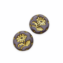 Load image into Gallery viewer, Czech glass large flower coin beads 4pc opaque purple gold 18mm-Orange Grove Beads
