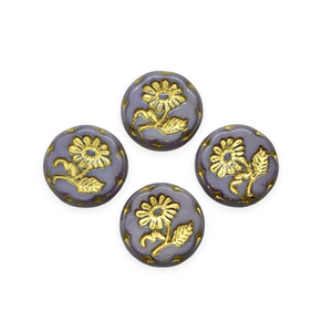 Czech glass large daisy flower coin beads 4pc opaque purple gold 18mm-Orange Grove Beads