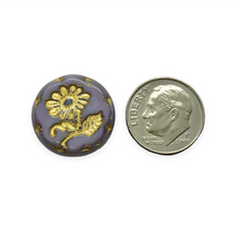 Load image into Gallery viewer, Czech glass large daisy flower coin beads 4pc opaque purple gold 18mm
