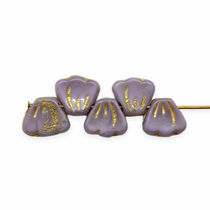 Czech glass flower petal beads charms 25pc opaque purple gold 8x7mm