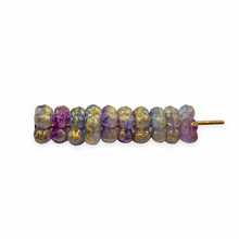 Load image into Gallery viewer, Czech glass forget me not flower rondelle beads 50pc etched purple blue gold 5mm
