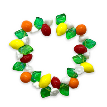 Load image into Gallery viewer, Czech glass fruit salad beads 36pc lemon orange strawberry with leaves flowers
