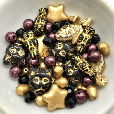 Czech glass gilded plum Halloween bead mix 56pc with black cats, owls, stars-Orange Grove Beads