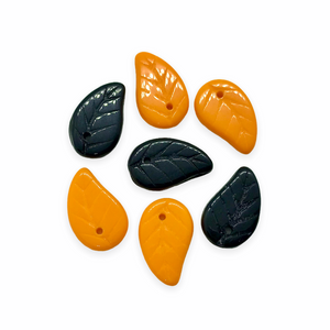 Czech glass Halloween leaf beads charms 20 pcs orange black top drill 14x9mm-Orange Grove Beads