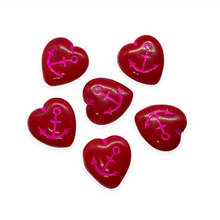 Load image into Gallery viewer, Czech glass carved anchor heart beads 6pc opaque red pink 17x10mm-Orange Grove Beads
