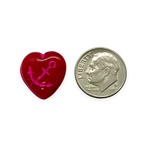Load image into Gallery viewer, Czech glass carved anchor heart beads 6pc opaque red pink 17x10mm

