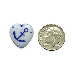 Czech glass carved anchor heart beads 6pc opaque white blue 17x10mm