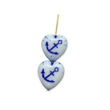 Load image into Gallery viewer, Czech glass carved anchor heart beads 6pc opaque white blue 17x10mm
