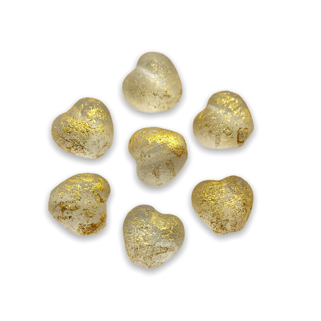 Czech glass tiny heart beads 30pc acid etched crystal gold rain 6mm-Orange Grove Beads