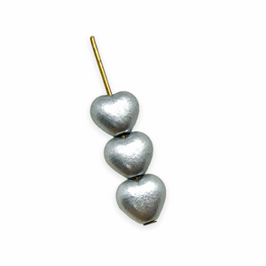 Czech glass tiny heart beads 50pc matte satin silver 6mm