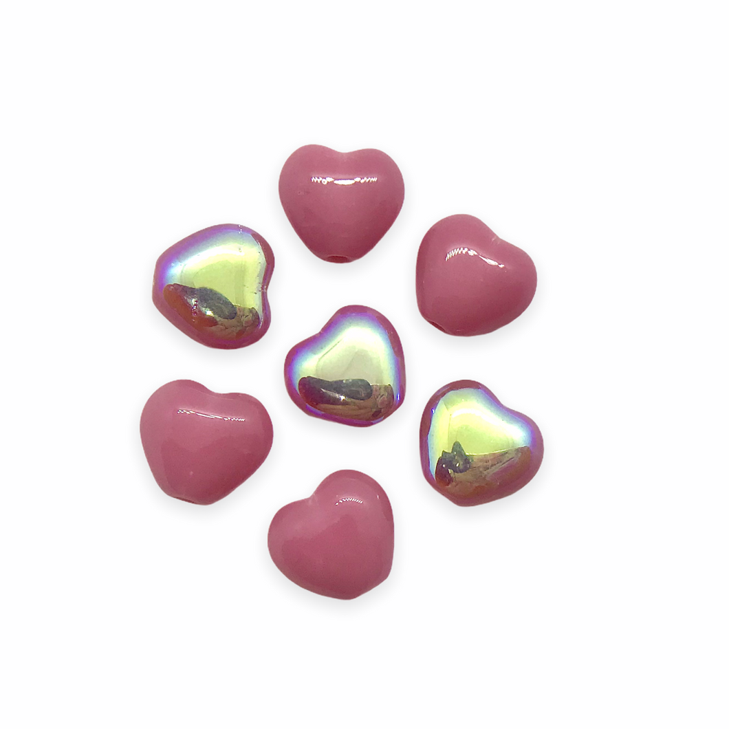 Czech glass tiny heart beads 30pc bubblegum pink AB 6mm-Orange Grove Beads