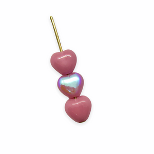 Czech glass tiny heart beads 50pc bubblegum pink AB 6mm