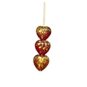 Czech glass heart beads 20pc translucent red gold rain 10mm