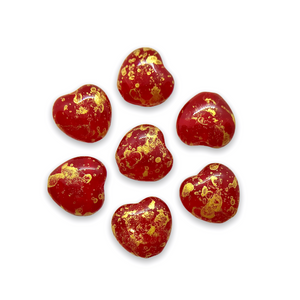 Czech glass Valentine heart shaped beads 30pc translucent red gold rain 8mm-Orange Grove Beads