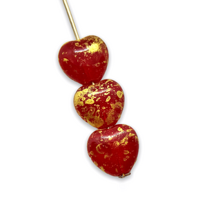 Czech glass Valentine heart beads 25pc red gold rain 8mm