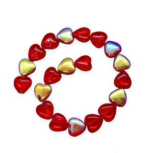 Czech glass Valentine heart shaped beads 20pc translucent red AB 10mm-Orange Grove Beads