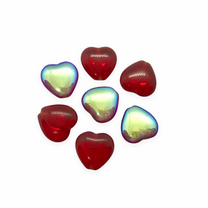 Czech glass heart beads charms 20pc translucent red AB 10mm vertical drill-Orange Grove Beads